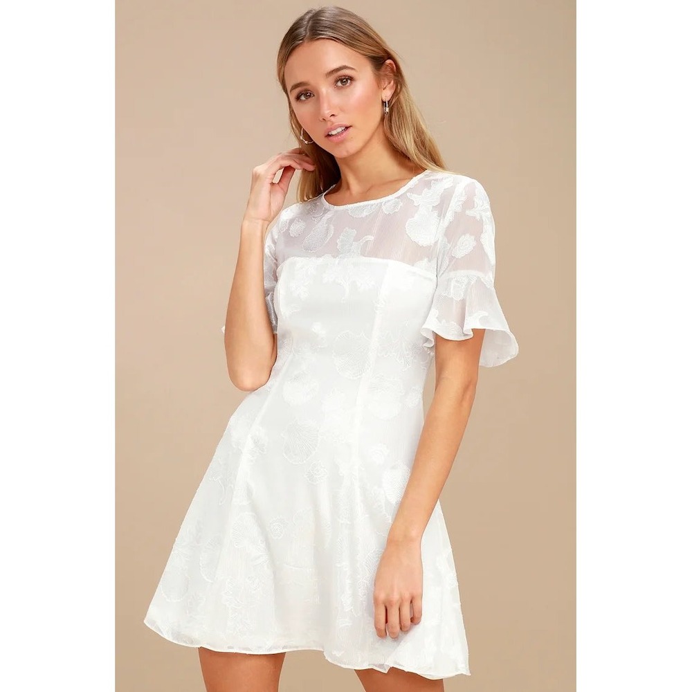 Lulus Small Luminous Love White Shell Flounce Sleeve Dress White Floral Bride‎